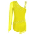 thumbnail image 4 of TiaoBug Women Rhinestone Gymnastics Leotard One Shoulder Long Sleeve Tassel Figure Skating Costume Fluorescent Yellow S, 4 of 5