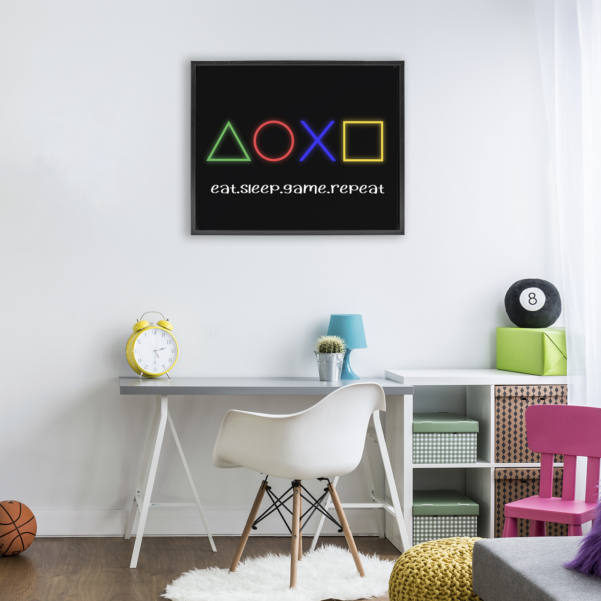 Neon Gaming Symbols & Words Black Framed Floater Canvas Wall Art, design by Christine Simpson Art