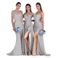 thumbnail image 1 of Vestido de dama de honor personalizado de un hombro para mujer, vestido de fiesta de sirena de satén plisado, vestidos de noche de fiesta de boda con abertura lateral larga, 1 of 5