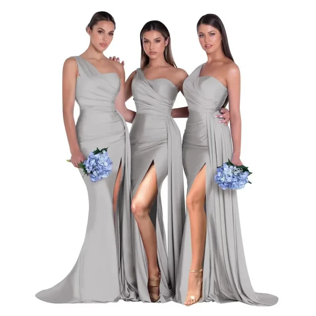 Vestido de dama de honor personalizado de un hombro para mujer, vestido de fiesta de sirena de satén plisado, vestidos de noche de fiesta de boda con abertura lateral larga