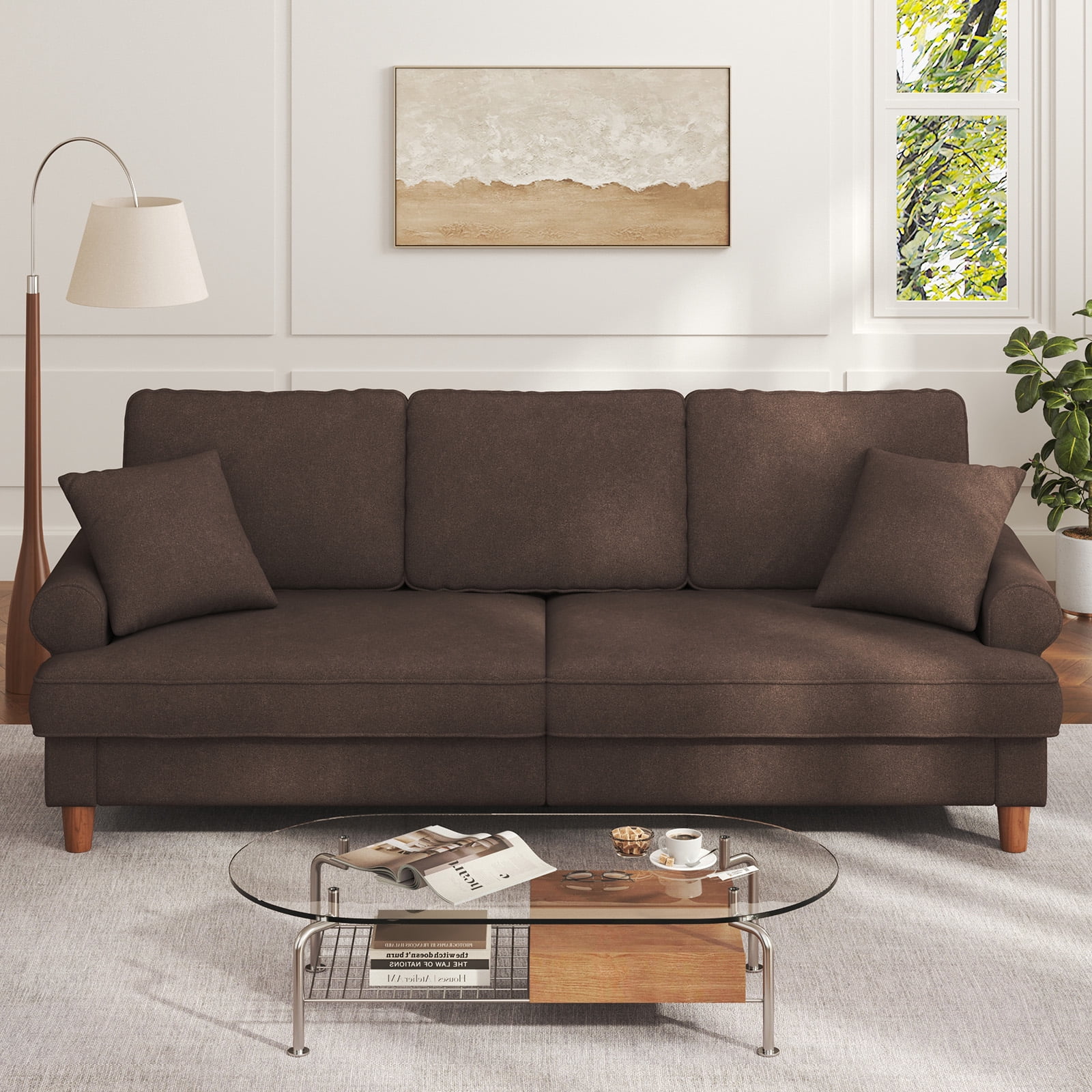 Patbrela 87" Sofa Couch, Comfy Extra Deep Seat 3 Seater Couch for Living Room with Soft Upholstered Round Arms, Free 2 Pillows, Brown