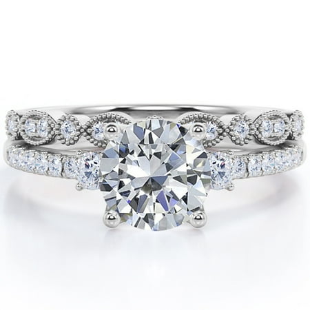 JeenMata Trilogy - 1.75 Carat Round Shaped Moissanite - Vintage Design Filigree Milgrain - Pave Wedding Ring Set - 18K White Gold Plating Over Silver