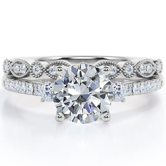 JeenMata Trilogy - 1.75 Carat Round Shaped Moissanite - Vintage Design Filigree Milgrain - Pave Wedding Ring Set - 18K White Gold Plating Over Silver