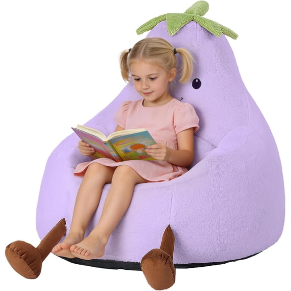 Simple Deluxe 2 ft Kids Bean Bag Chair, Faux Rabbit Fur Round Sofa with Handle and Washable Cover, Purple