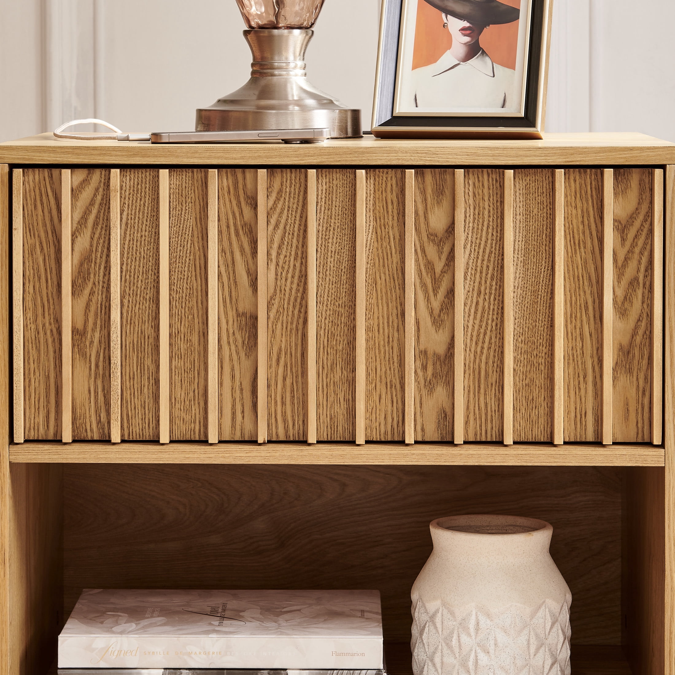 GDF Studio 23.4" Grille Slat Nightstand with Charging Station, Drawer & Open Shelf, Natural