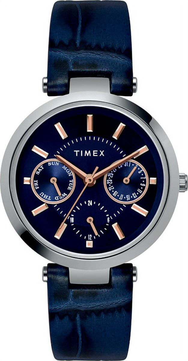 Timex Women's Classic Silver-Tone 34mm Watch, Blue Strap, Blue Dial