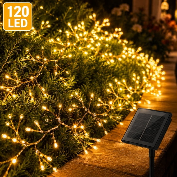 Deally 120LED 10FT Solar Fairy Lights Outside Waterproof, 8 Lighting Modes IP65 Outdoor Solar String Lights,Outdoor Firecracker Twinkle Light for Patio Yard Garden Party, Warm White
