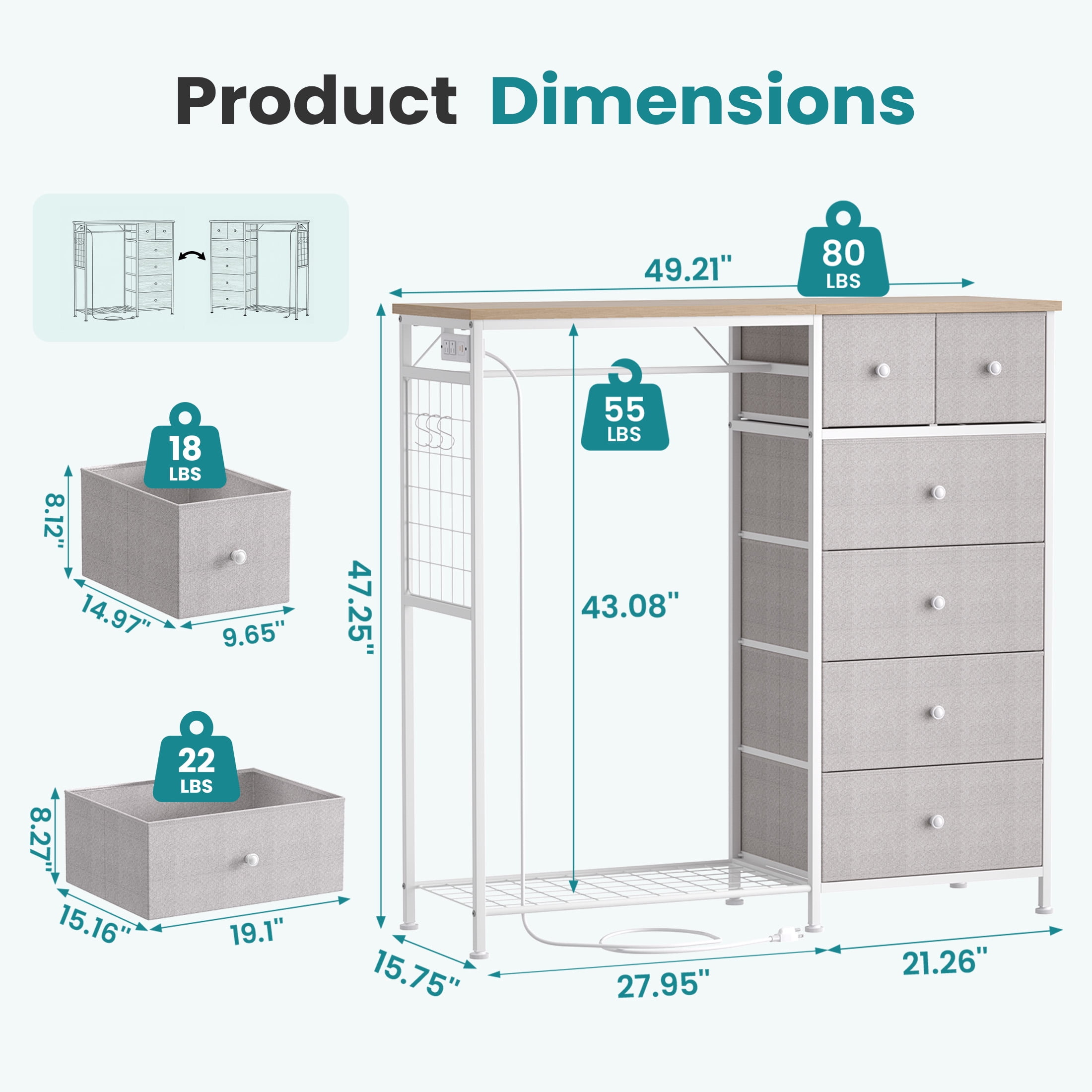 EDX 47.2" H Dresser for Bedroom with Hanging Rack, 6 Drawers Dresser with LED Lights & Charging Station, Fabric Dressers & Chest of Drawers with Rack, Wooden Top, Grid Panel,LightGray