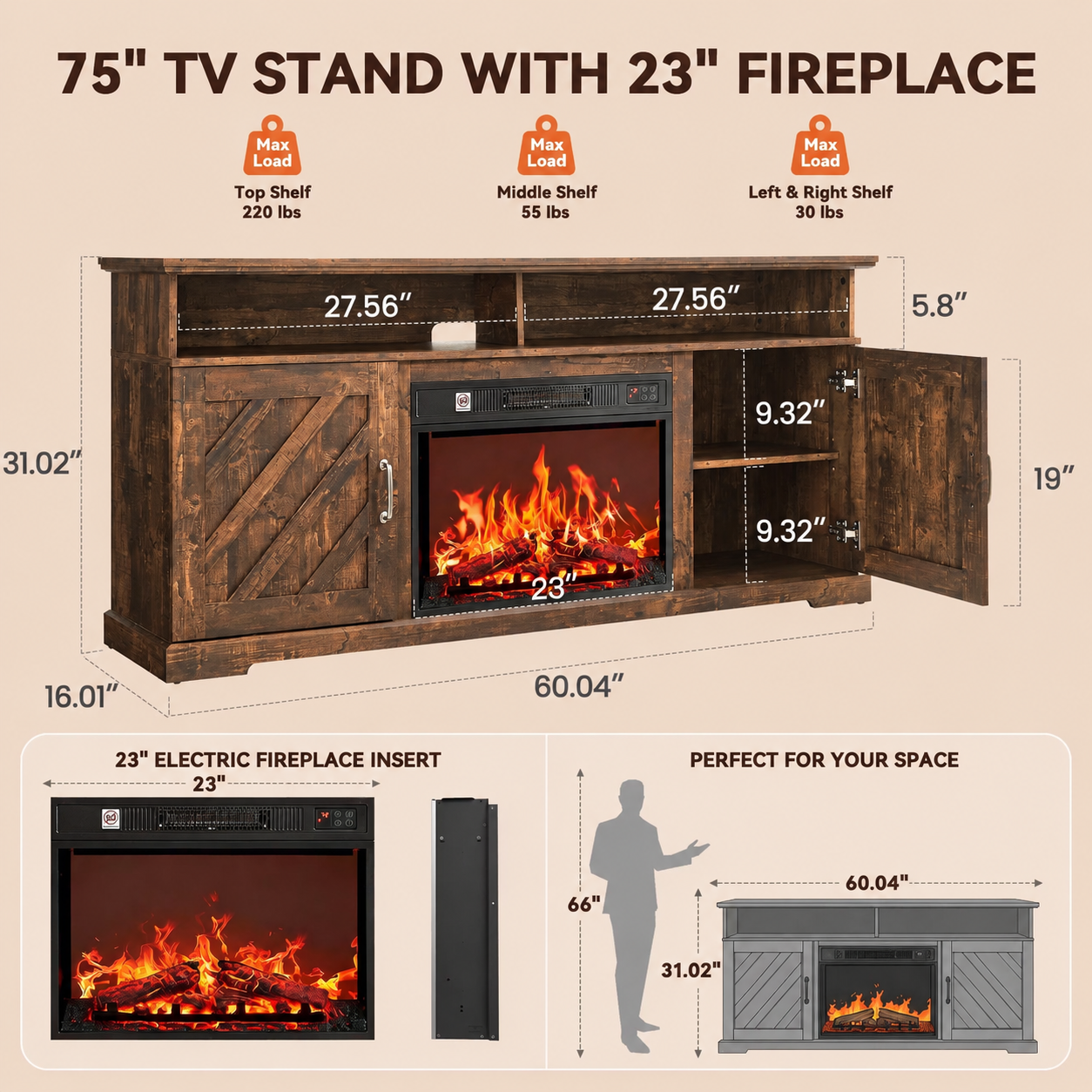Chitooma 75" Farmhouse Electric Fireplace TV Stand, Brown photo 8