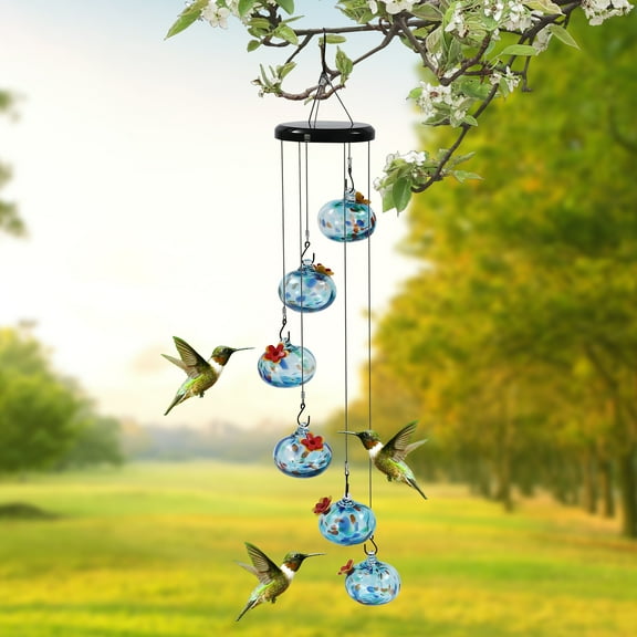 Decorative Hummingbird Feeder, 6 Blue Glass Balls with Leak-Proof Design, 24.8in Hanging for Garden and Yard