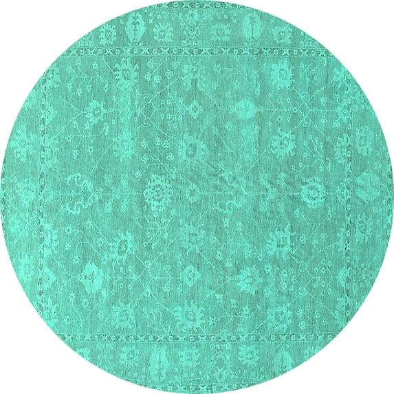 Ahgly Company Machine Washable Indoor Round Oriental Turquoise Blue Traditional Area Rugs, 3' Round