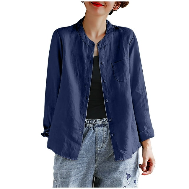 Posijego Plus Size Shirts for Women Spring Summer Long Sleeve Casual Button down Shirt Cotton Linen Tops