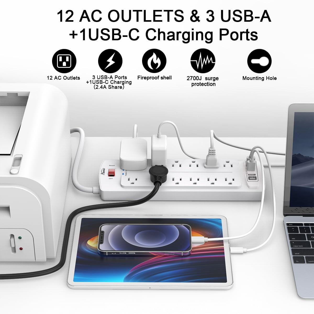 Power Strip  Surge Protector With 12 Outlets And 4 Usb Ports 6 Feet Extension Cord (1875w/15a) For Home Office Dorm 2700 Joules Etl Listed (white)