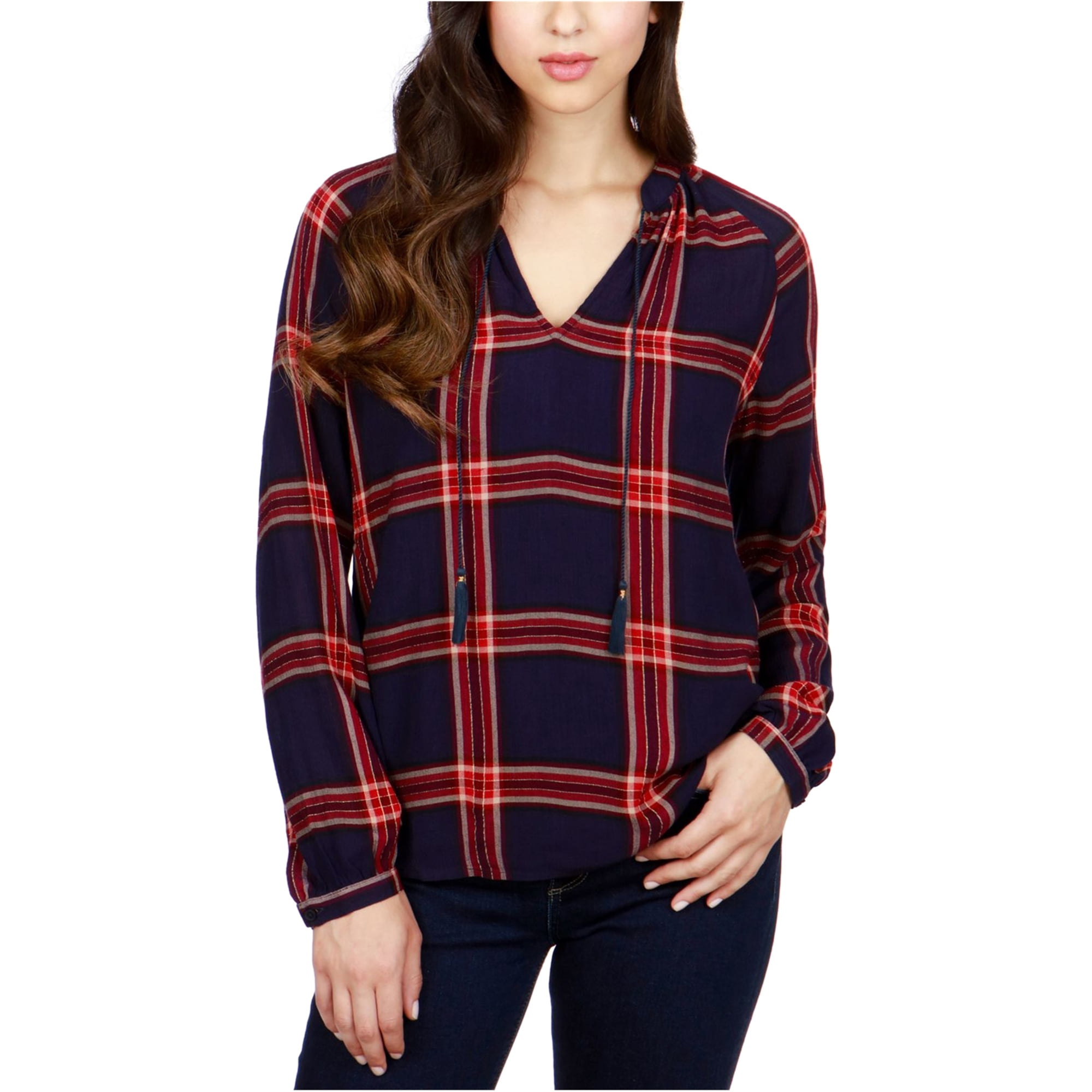 Lucky Brand Lucky Brand Womens Plaid Knit Blouse, blue, XLarge