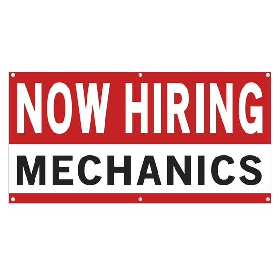 Now Hiring Mechanics 13 oz Heavy Duty Vinyl Banner Mechanic Jobs Available Help Wanted Sign for Business Advertising Indoor/Outdoor Single-Sided with Metal Grommets (1.5x5 ft, Wh & Re & Bk)