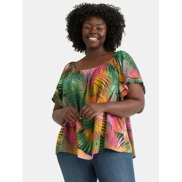 Terra & Sky Women's Plus Convertible Blouse with Short Sleeves, Sizes 0X-5X