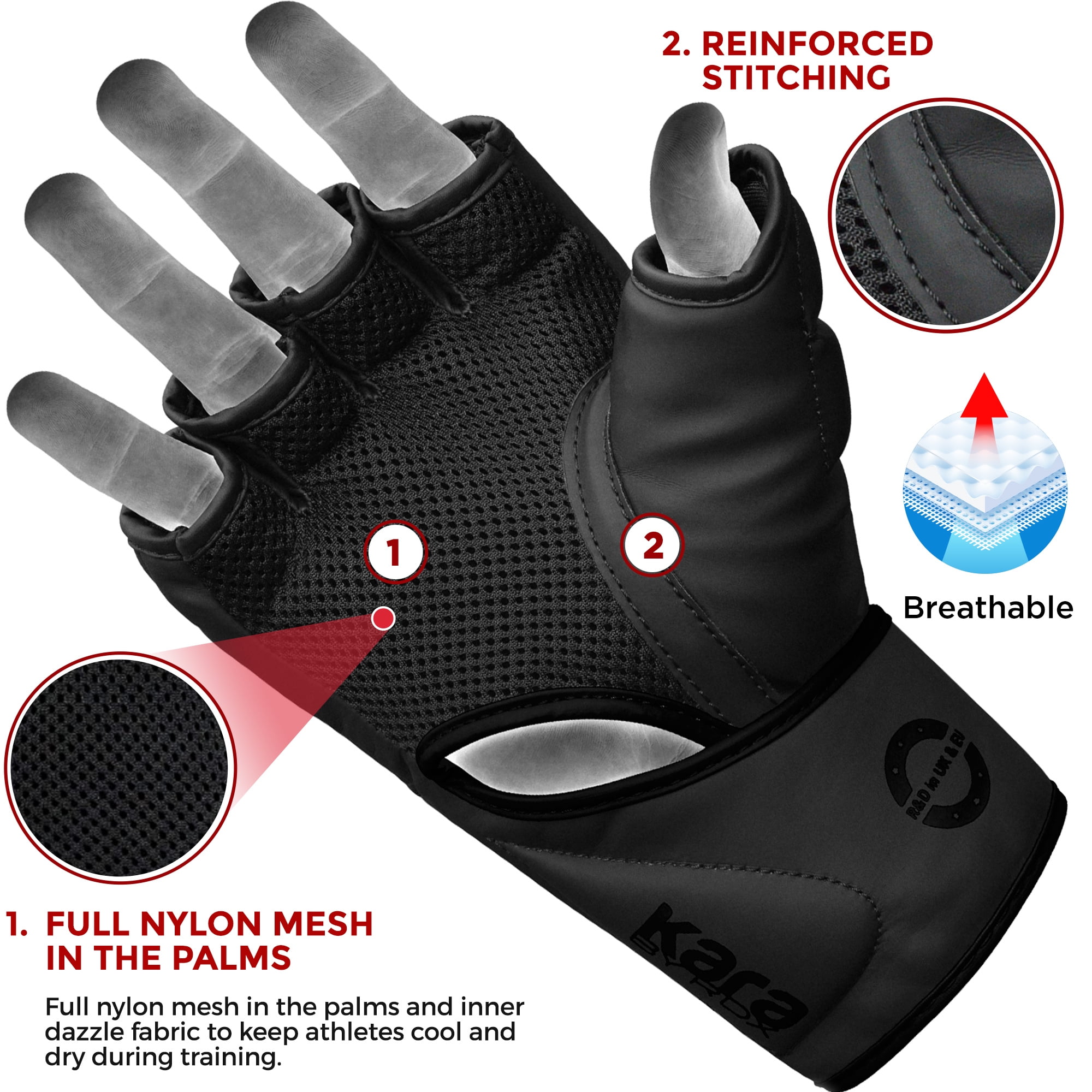 RDX MMA Boxing Gloves Grappling Sparring, Pre-Curved Martial Arts Mitts, Ventilated Palm, Maya Hide Leather KARA, Black, Large