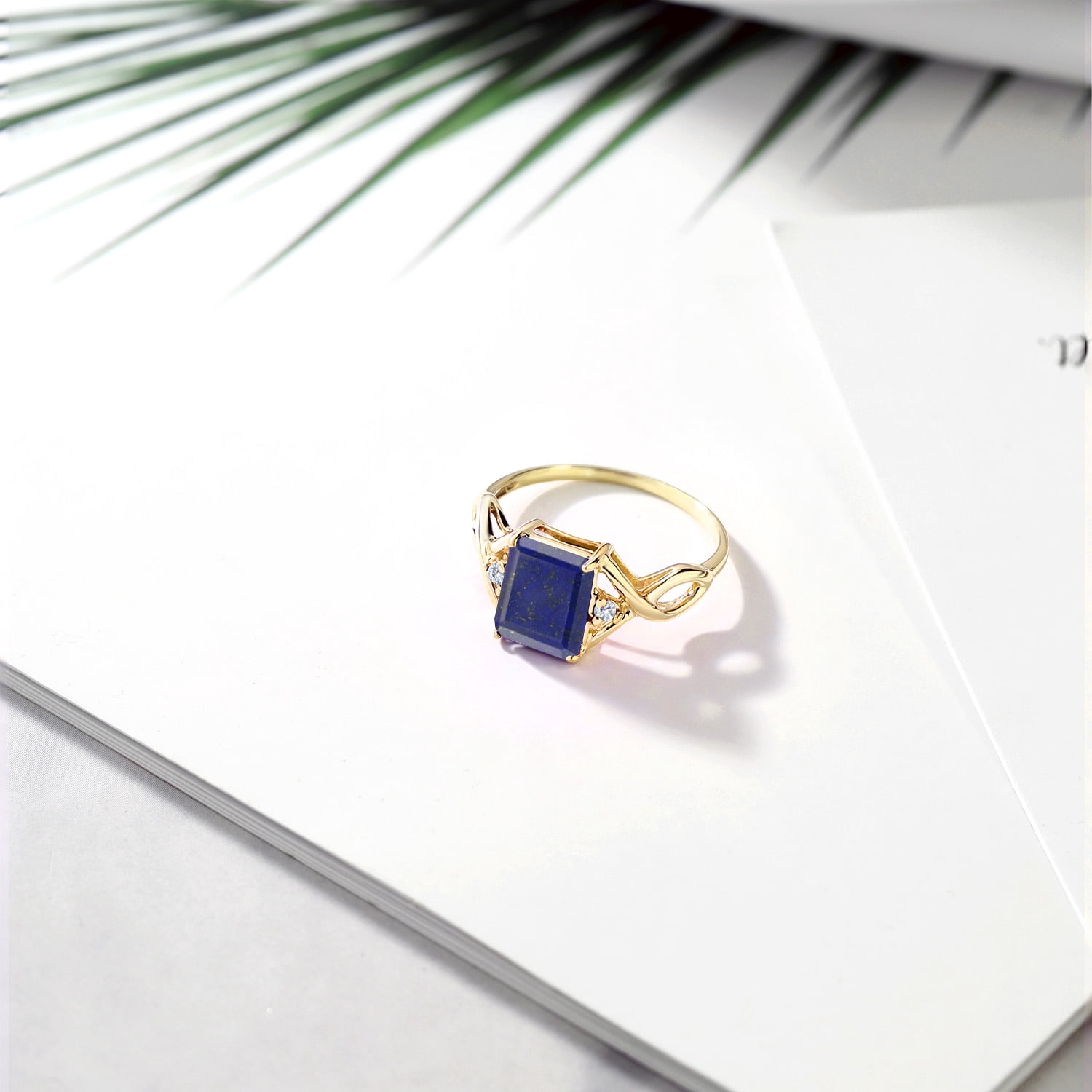 Gem Stone King 3-Stone Ring for Women | 18K Yellow Gold Plated Silver | 9X7MM Emerald Cut Gemstone Birthstone & Lab Grown Diamond | Wedding Anniversary Engagement Ring | Size 5-9 | Blue Lapis | 6