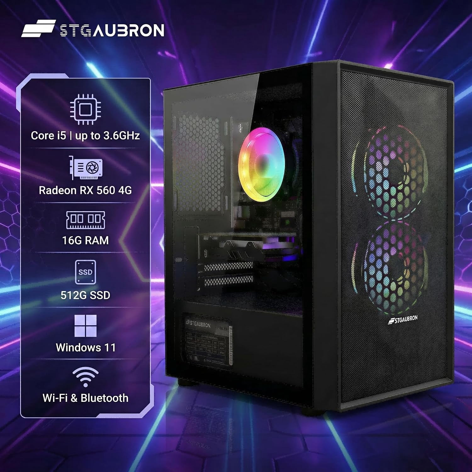 STGAubron Gaming Desktop PC, Intel Core i5 up to 3.6GHz, 16G RAM, 512G SSD, Radeon RX 560 4G, WiFi 6, BT 5.0, RGB Fan x2, Windows 11 Home