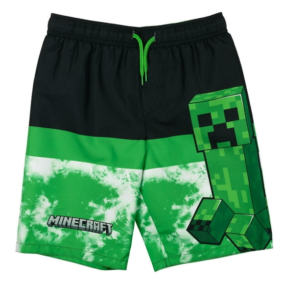 Minecraft Creeper Big Boys Swim Trunks Bathing Suit Black/Green 18-20
