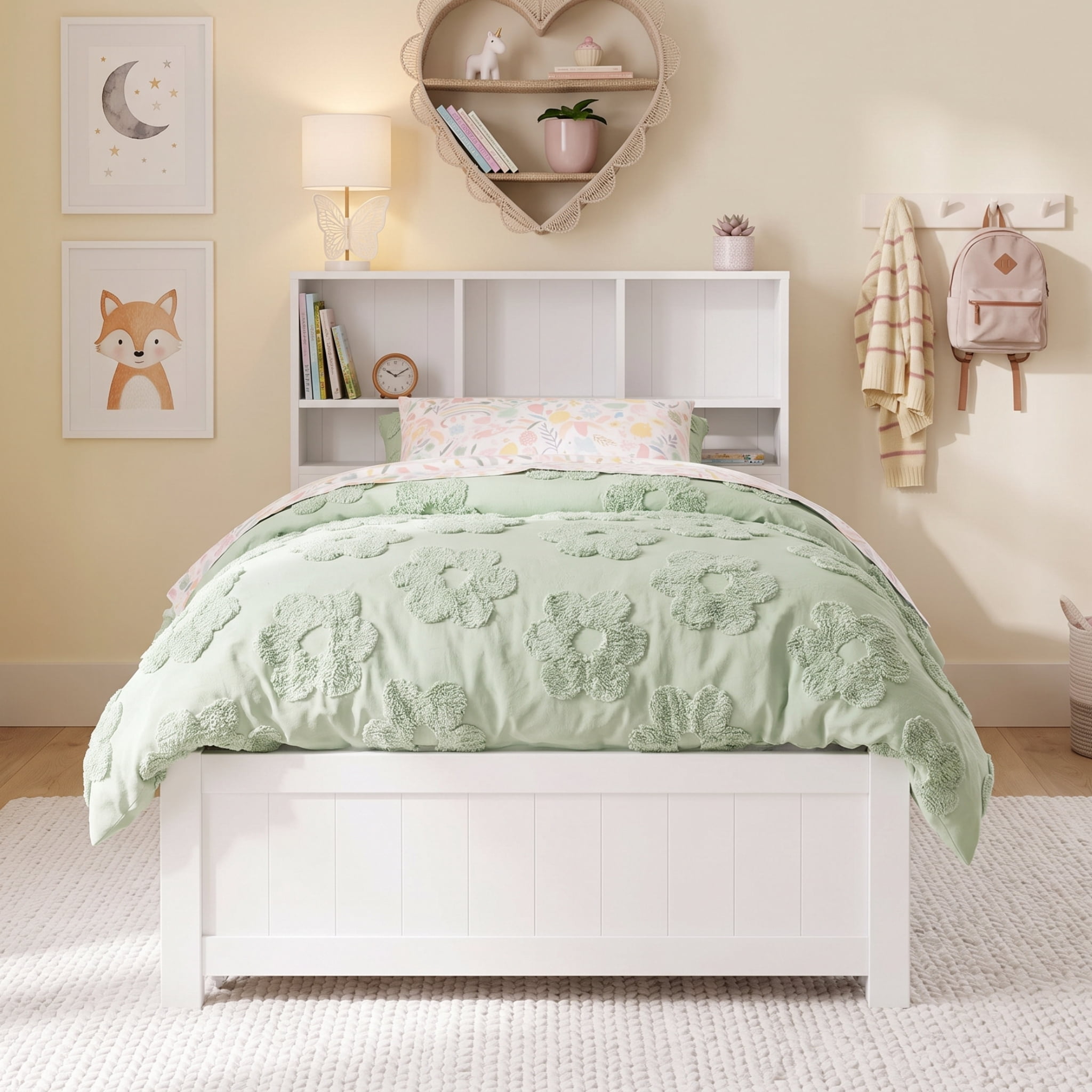 Euroco Wood Twin Size Platform Bed with Storage Headboard and Drawers, LED Light and USB Charging, White