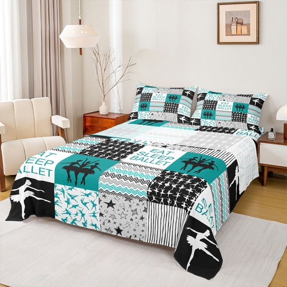 Homewish Eat Sleep Ballet Twin Sheet Sets for Kids, Chic Stripes Lines Twin Fitted Sheet, Green Buffalo Patchwork Flat Sheet, Breathable Home Decor, 3 Pieces