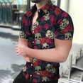 thumbnail image 3 of Camisa para hombre estilo hawaiano con estampado de calavera de terror, flores, cuello abatible, un solo botón, informal, para playa y resort, novedad de 2024, 3 of 5