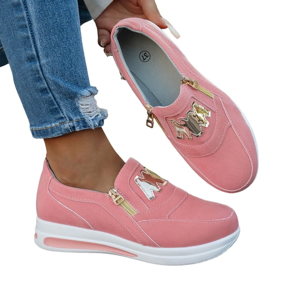 Platform Sneakers for Women Breathable Round Toe Chunky Bottom Slip on Low Top Side Zipper Flat Comfortable Walking Shoes Pink Size 7