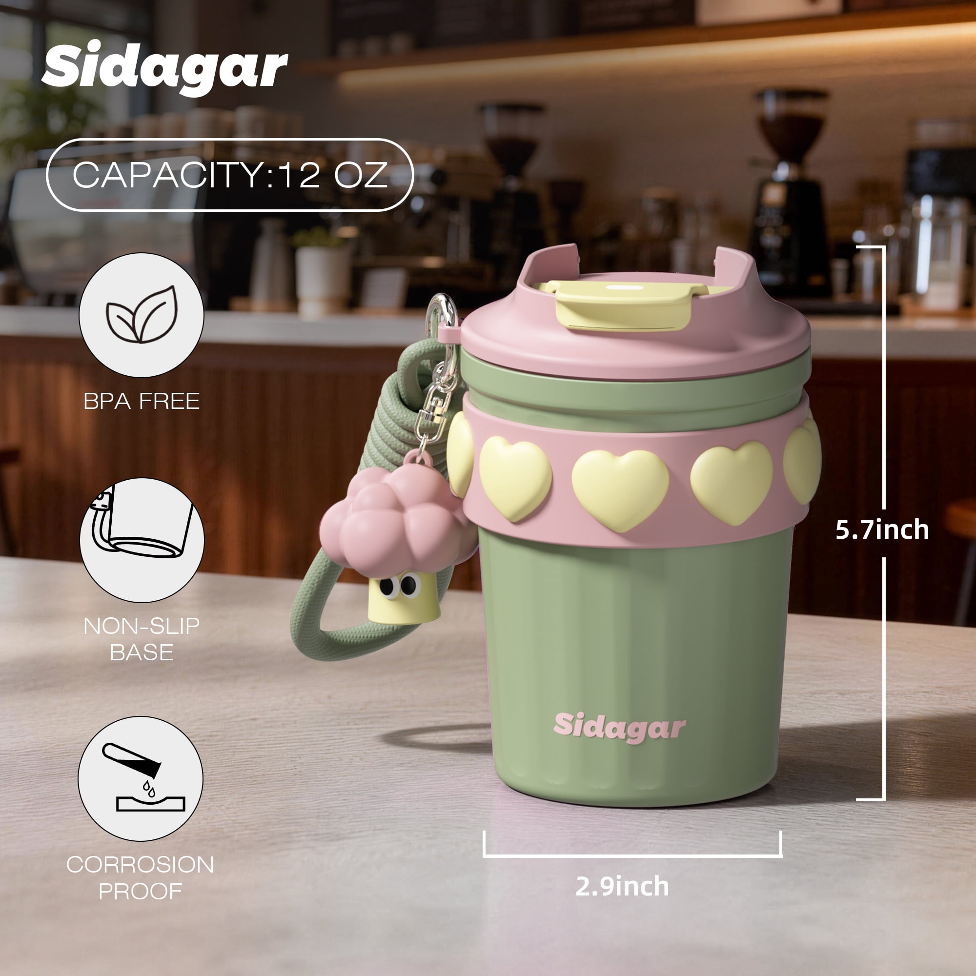 Sidagar 12 oz Stainless Steel Insulated Travel Coffee Mug, Leak-Resistant Lid, Green