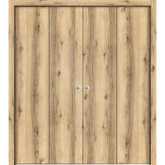 Sliding Closet Double Bi-fold Doors 96 x 80 inches | Planum 0010 Oak | Sturdy Tracks Moldings Trims Hardware Set | Wood Solid Bedroom Wardrobe Doors