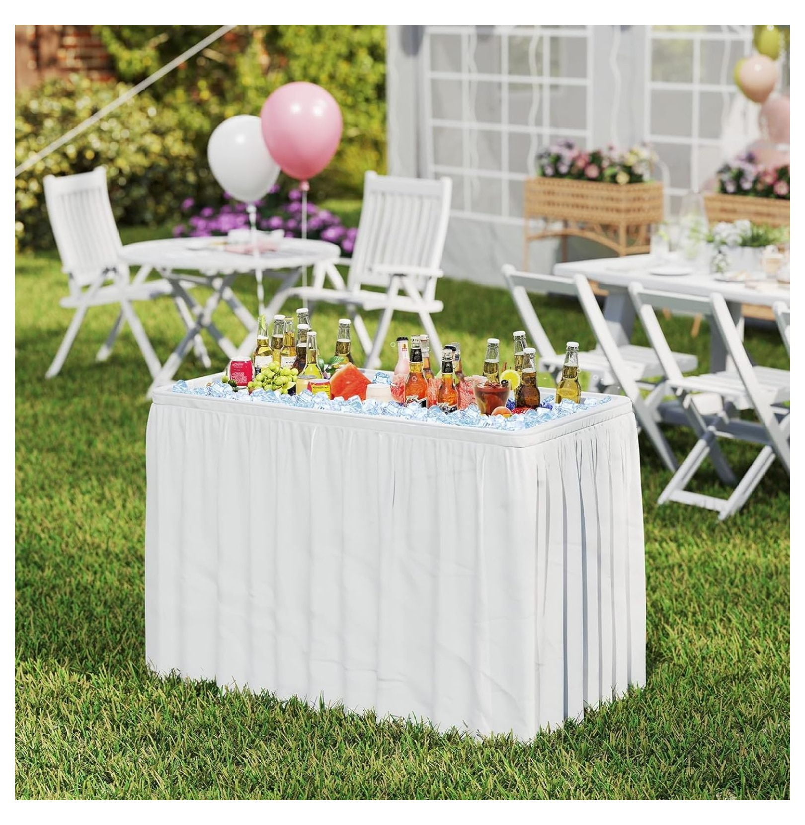 Folding Ice Cooler Table, 4 FT Portable Ice Table with Drain, Matching Skirt & Foldable Bucket, Buffet Beverage Server for Party, Picnic, Camping