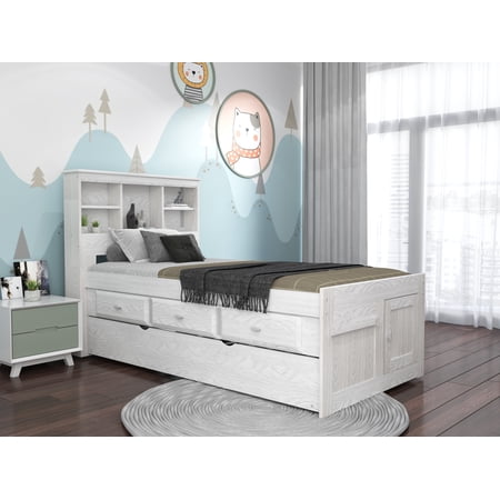 Discovery World Furniture Twin Bookcase Bed with 3 Drawers and Trundle in Ash