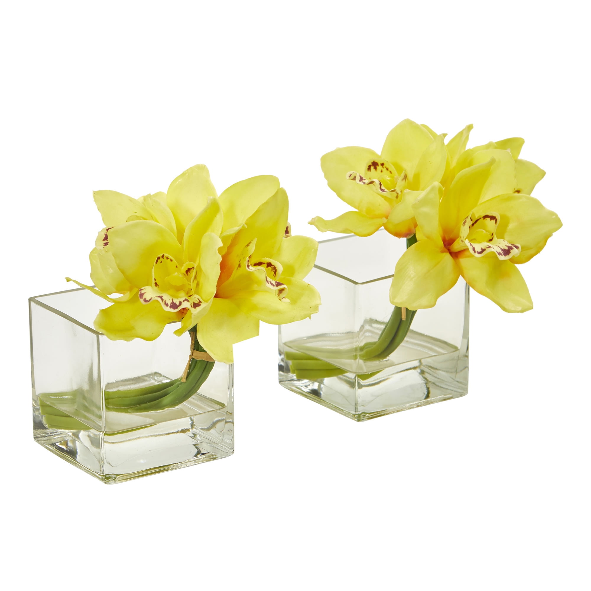 Nearly Natural Cymbidium Orchid Artificial Flower Arrangement In Glass Vase Set Of 2 Yellow