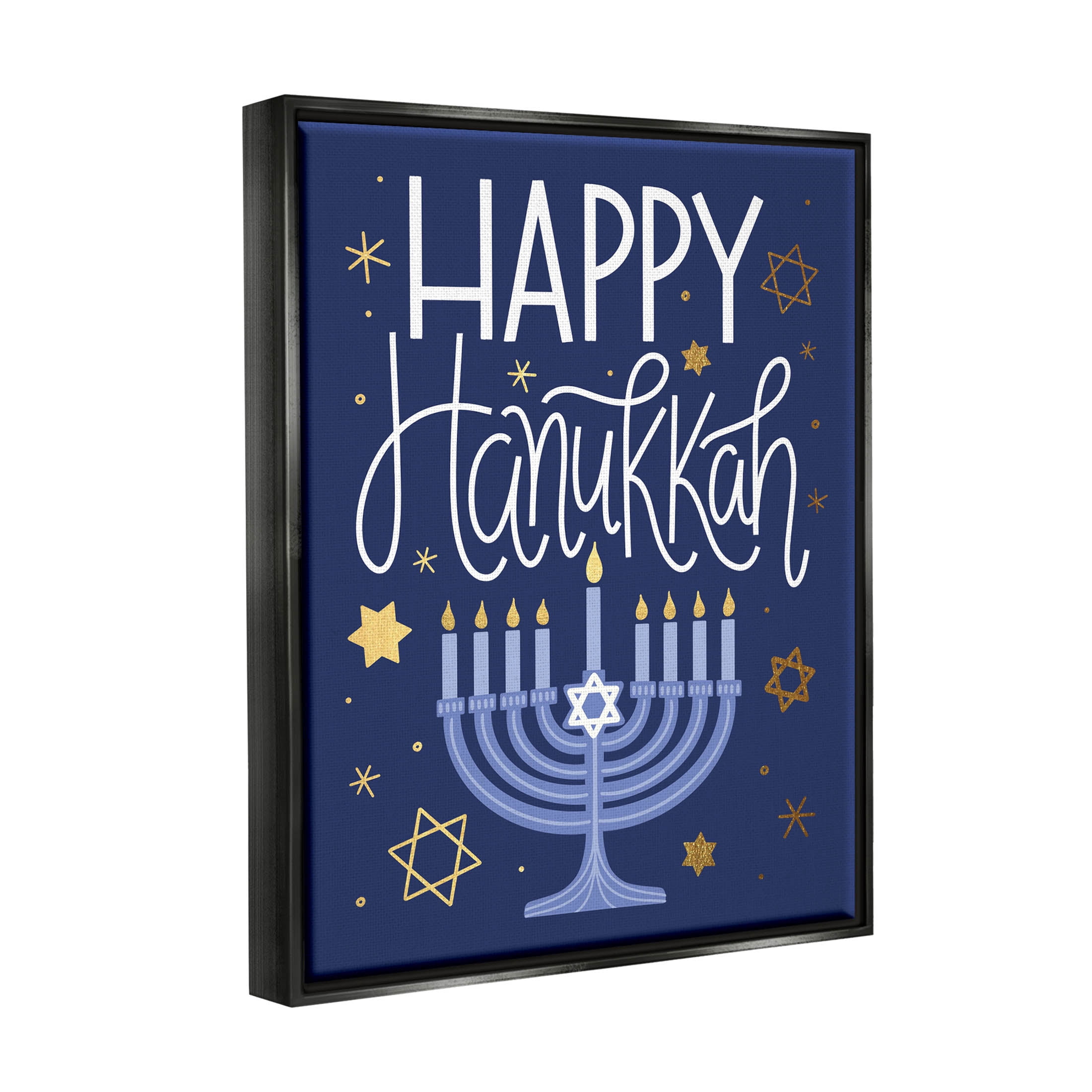 Happy Hanukkah Blue Menorah Pattern Holiday Graphic Art Jet Black Framed Art Print Wall Art
