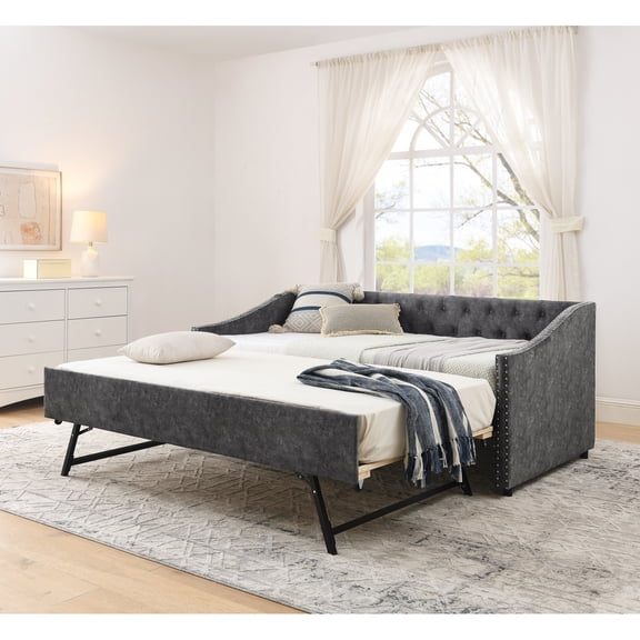 Harper & Bright Designs Twin Size Daybed with Pull-out Trundle, Sofa Bed Frame with Arms for Living Room and Bedroom, Gray