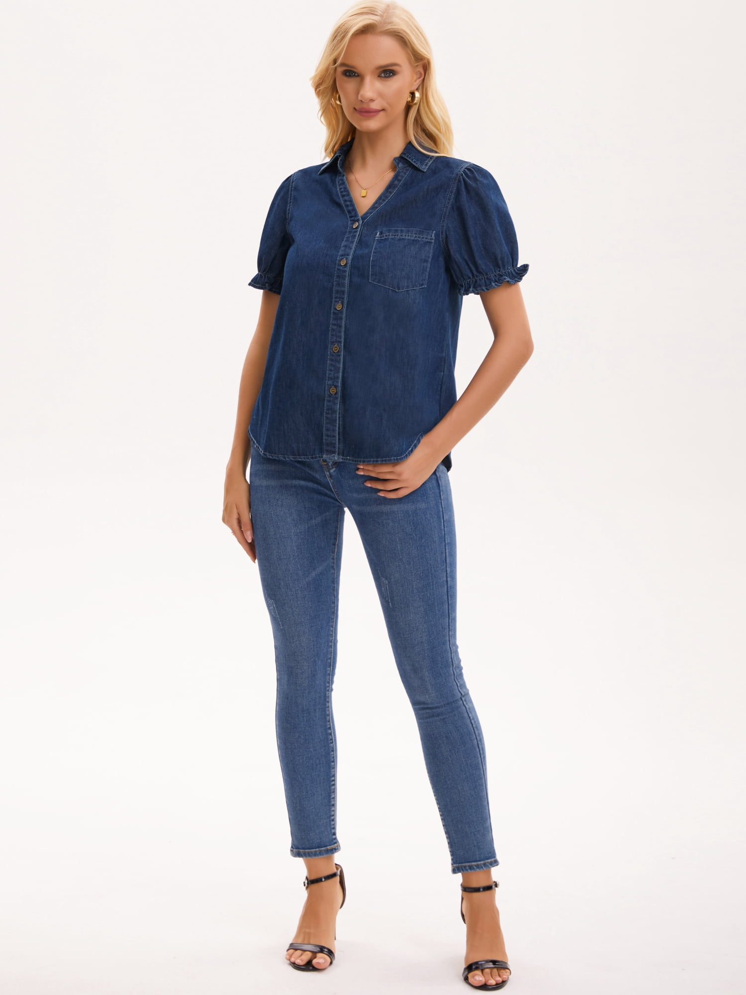 DARING DIVA Women's Denim Shirt Short Sleeve V Neck Button Front Jean Tops 2XL Dark Blue