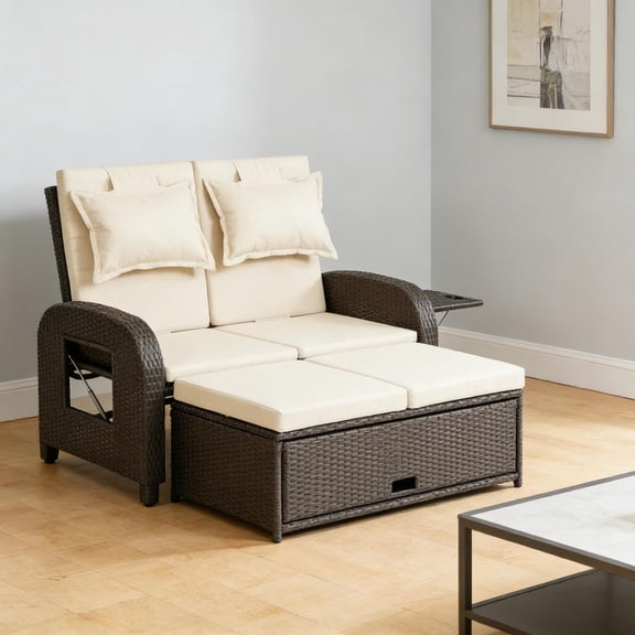 Wicker Outdoor Daybed,3-in-1 Convertible Design Reclining Sofa,Rattan Daybed