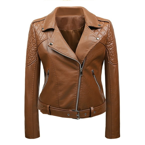 XZNGL Womens Leather Lapel Slim Fitting Motorcycle Jacket Leather Jacket