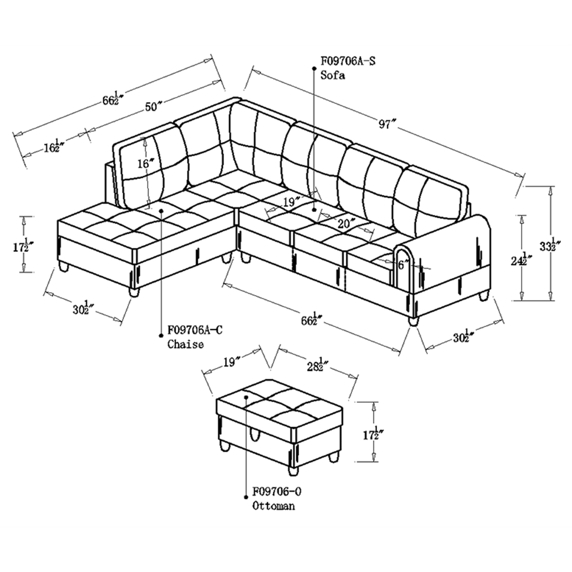 Aukfa 3 Piece L-shape Sectional Sofa Couch w/ Storage Ottoman, Right Chaise, 2 Pillows, Pineapple Velvet, Brown