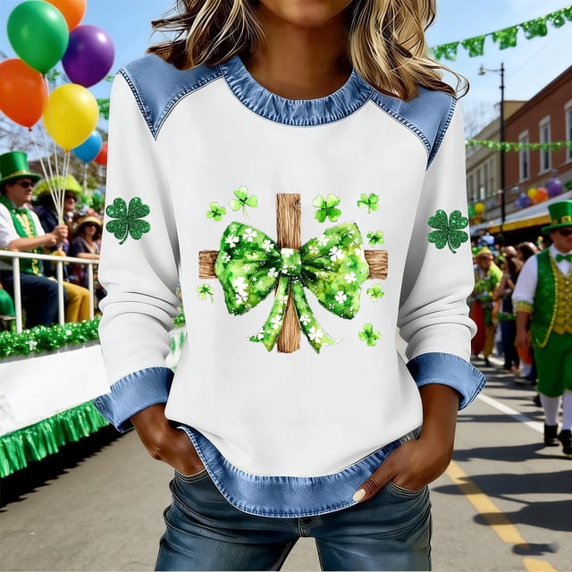 TaTaai Women's Irish Festival Top Long Sleeve Round Neck St. Patrick's Day Patchwork Casual Spring Holiday Celebration Blouse Gift