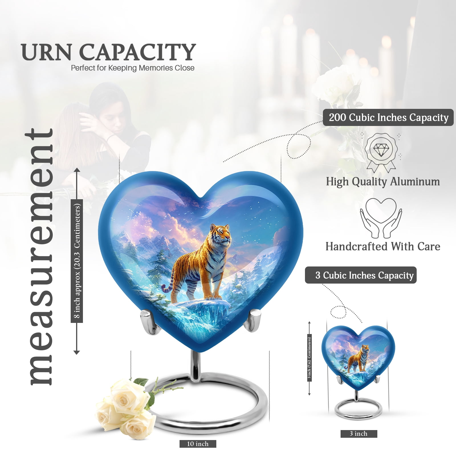 KARYLIZ Tiger Cremation Urn For Male, Blue Heart Shaped Remembrance Urns for Human Ashes Adult Female, Kepsake Ash Holders, Urns for Ashes Adult Man, Funeral Urn Remains (8 Inch & 3 Inch, Set of 5)