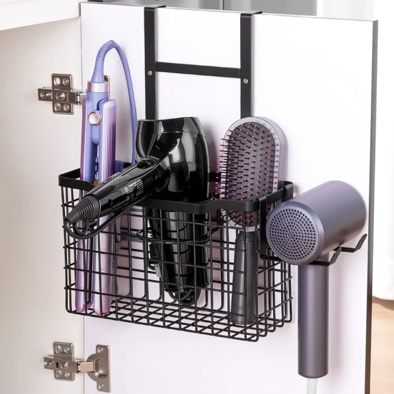 Wetheny Hair Tool Organizer with Adjustable Height Hair Dryer Holder, Metal Blow Dryer Storage Rack for Cabinet Door, Wall Mount or Countertop, Bathroom Storage, Black