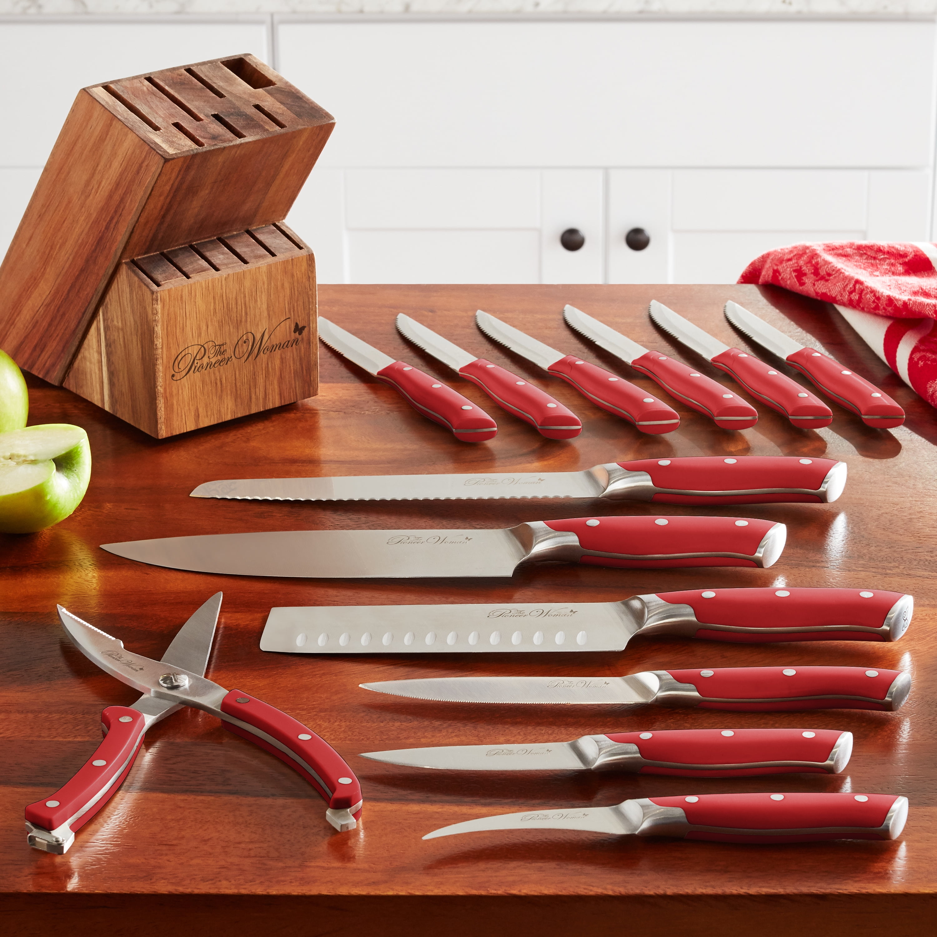 The Pioneer Woman Pioneer Signature 14-Piece Stainless Steel Knife Block  Set, Linen