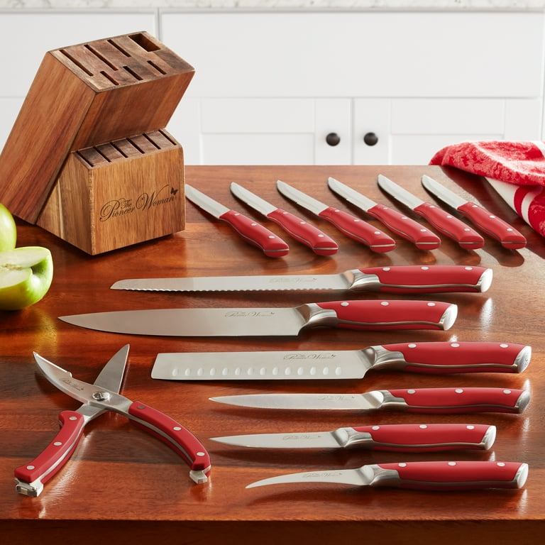 The Pioneer Woman Pioneer Signature 14-Piece Stainless Steel Knife Block Set Red