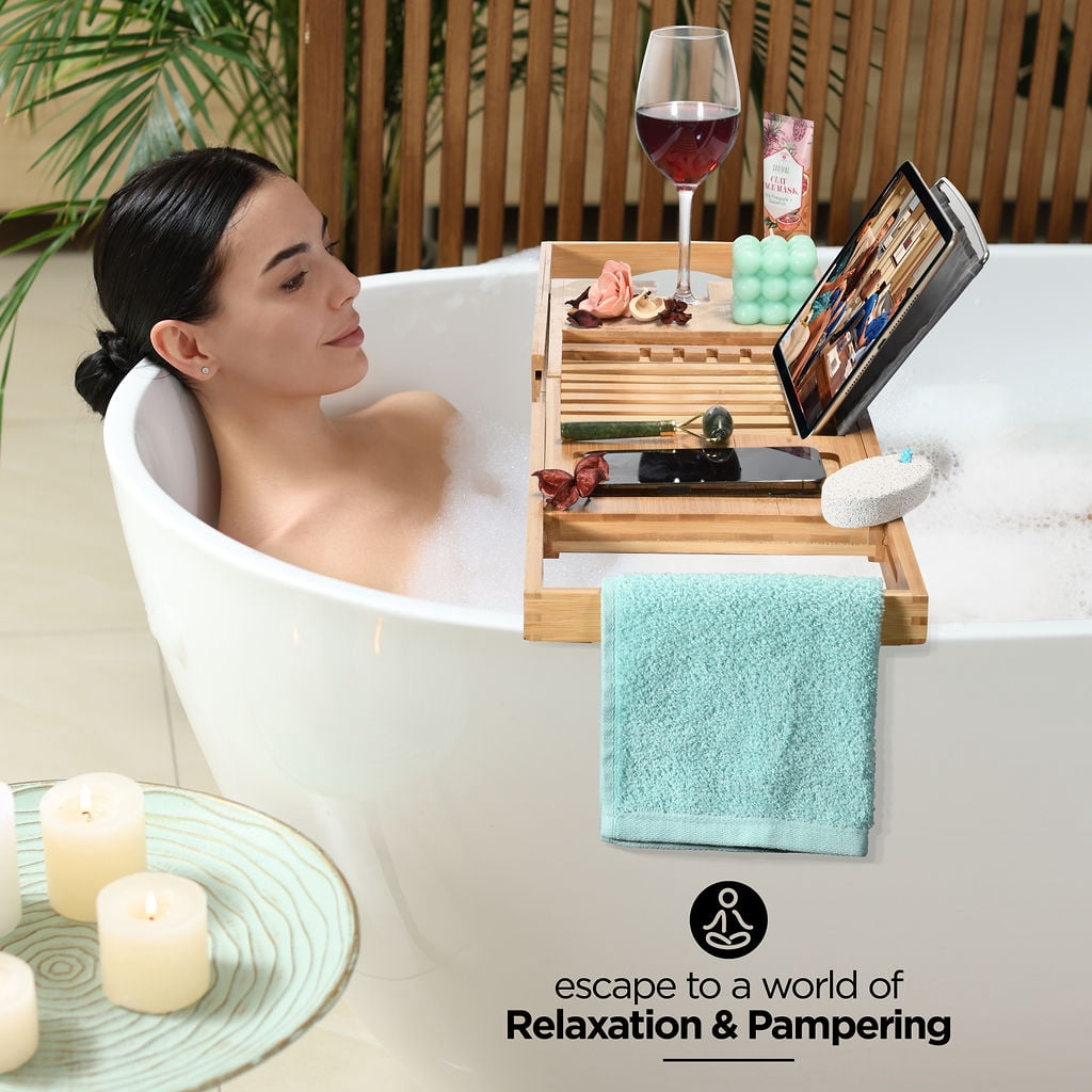 Bathtub Tray Caddy - Foldable Waterproof Bath Tray & Bath Caddy - Wooden Tub Organizer & Holder - Expandable Size, Fits Most Tubs