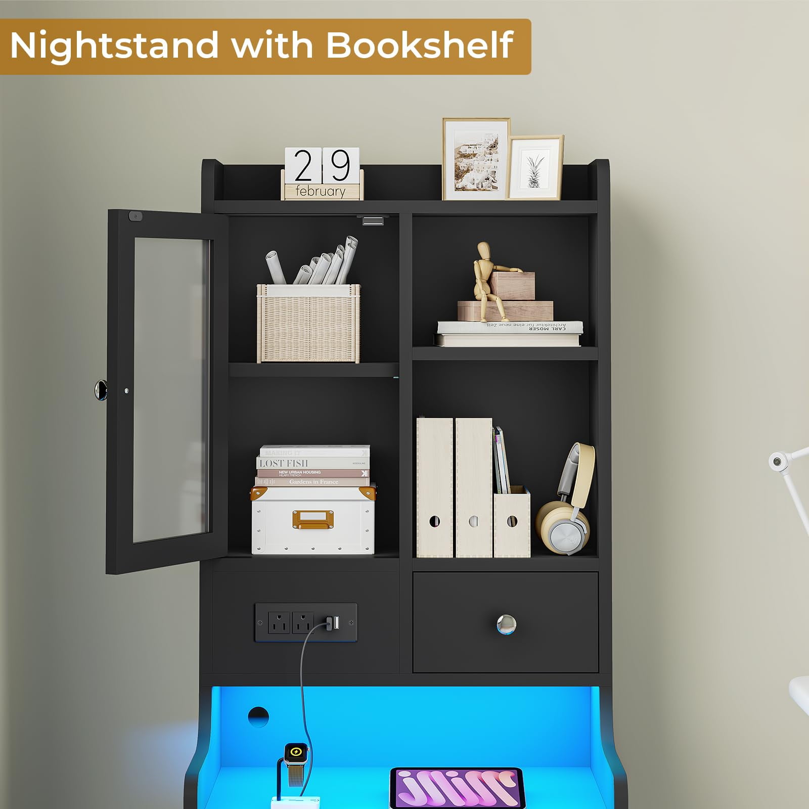 Afuhokles Tall Nightstand with Charging Station, Bedside Table with 4 Drawers, LED Night Stand with Bookshelf, Black