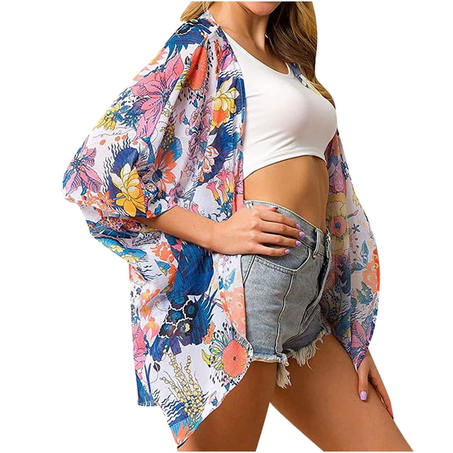 Cardigan pour Femmes Été Femmes Imprimé Chiffon Cardigan de Plage Blouse Châle Hauts Amples Manteau