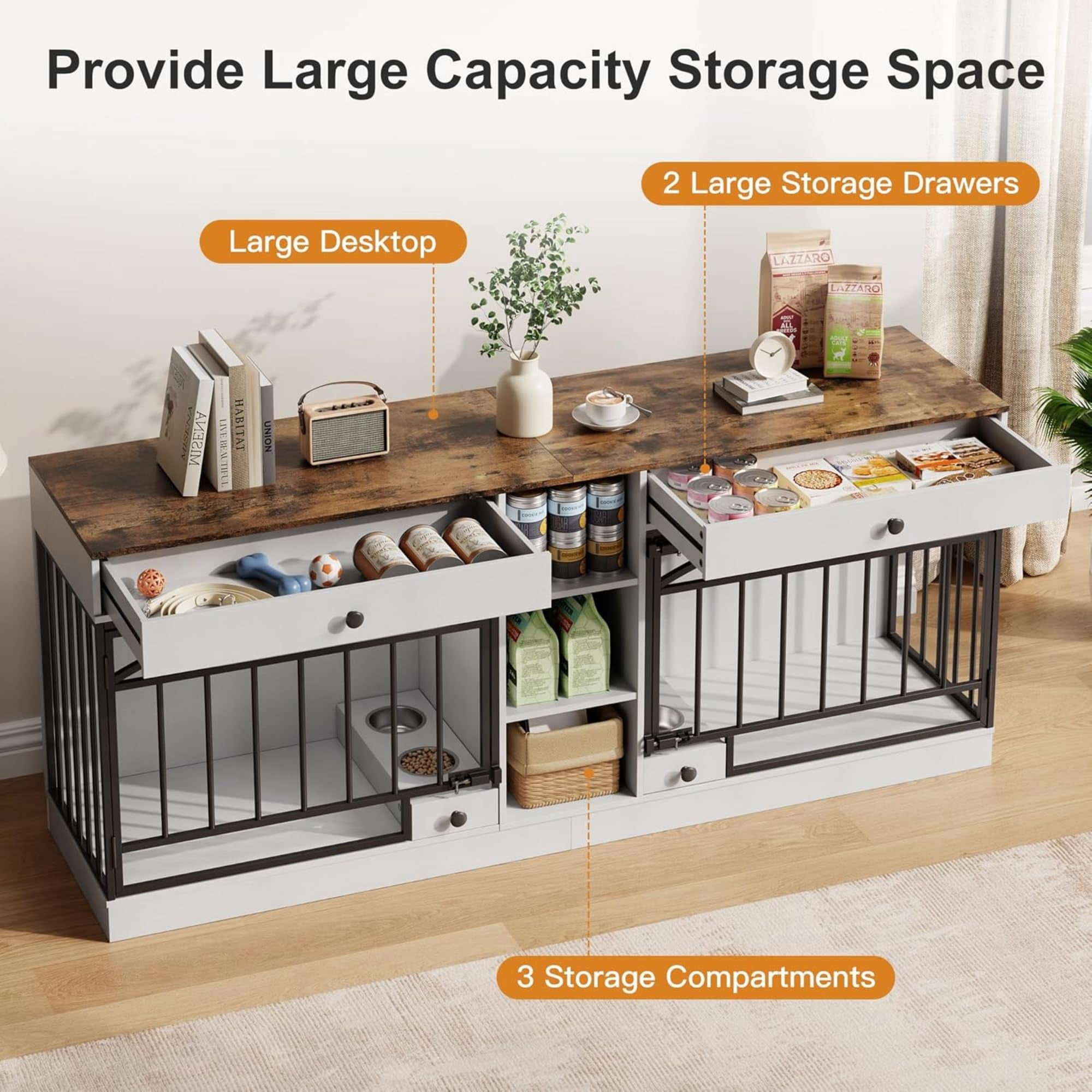 Accreate Dog Crate Furniture for 2 Dog, 78.7'' Large Dog Kennel Indoor with 2 Storage Drawers, 3 Shelves and Feeding Bowls, Double Dog Crate TV Stand for Small and Medium Dogs