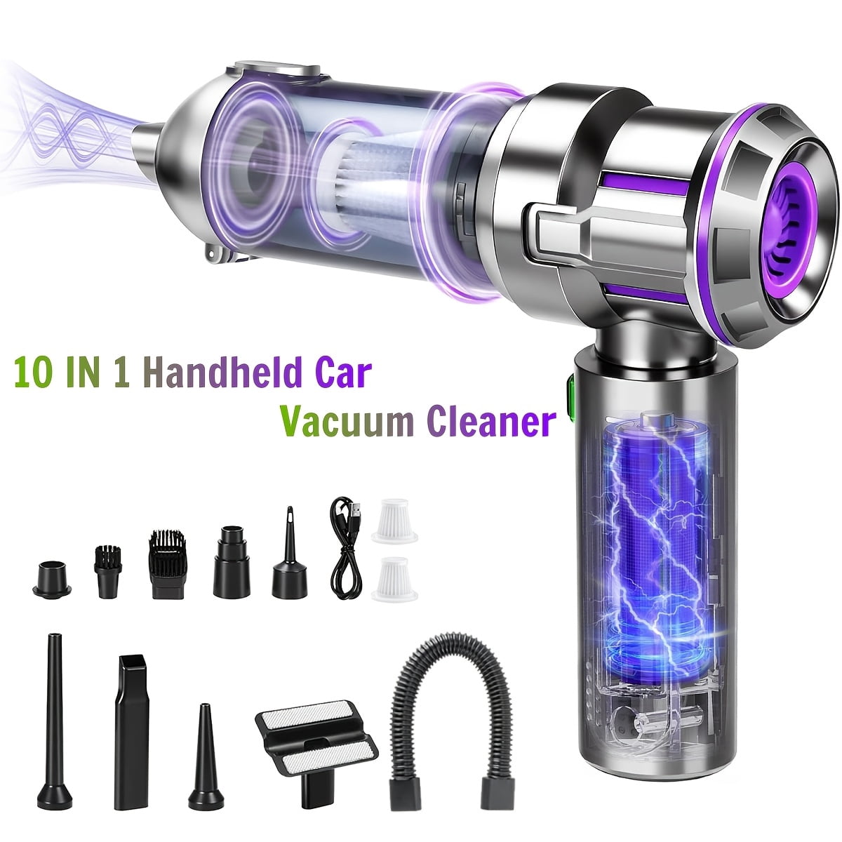 High Power 10-in-1 Wireless Handheld Vacuum Cleaner, Blowing & Suction for Car Home Pet Office, Rechargeable Brushless Motor with Washable Filters, Low Noise