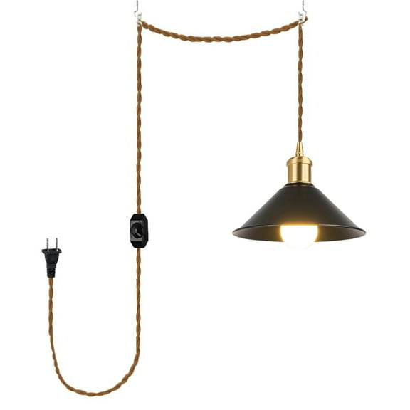 KAYYELAMP 15ft Plug in Dimmable Cord Hanging Light Brass Base Black Metal Shade Classic Style Pendant for Farmhouse Home Store(No Bulb)